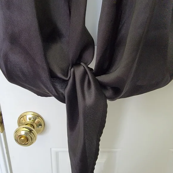 Urban Outfitters Black Satin Tie Front Nicole Blouse Flare Sleeve Deep V Size S - Picture 7 of 14